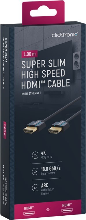 70702  Cable HDMI A-A  1,00 metros Ultra-Slim High Speed HDMI?  UHD 4K @ 60 Hz  CLICKTRONIC Blister Carton