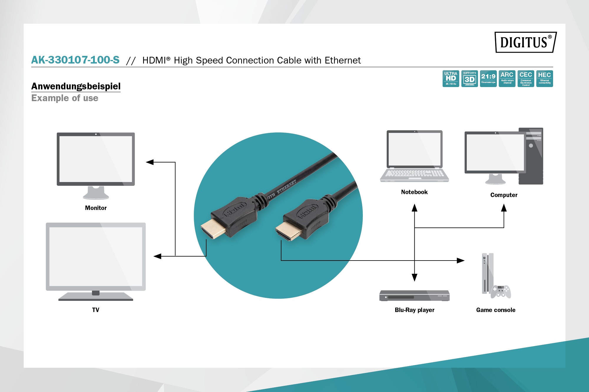 AK-330107-100-S  Cable HDMI A-A 10 metros Negro FullHD Resolución máx. HDTV: 1920 x 1200 píxeles, 60 Hz