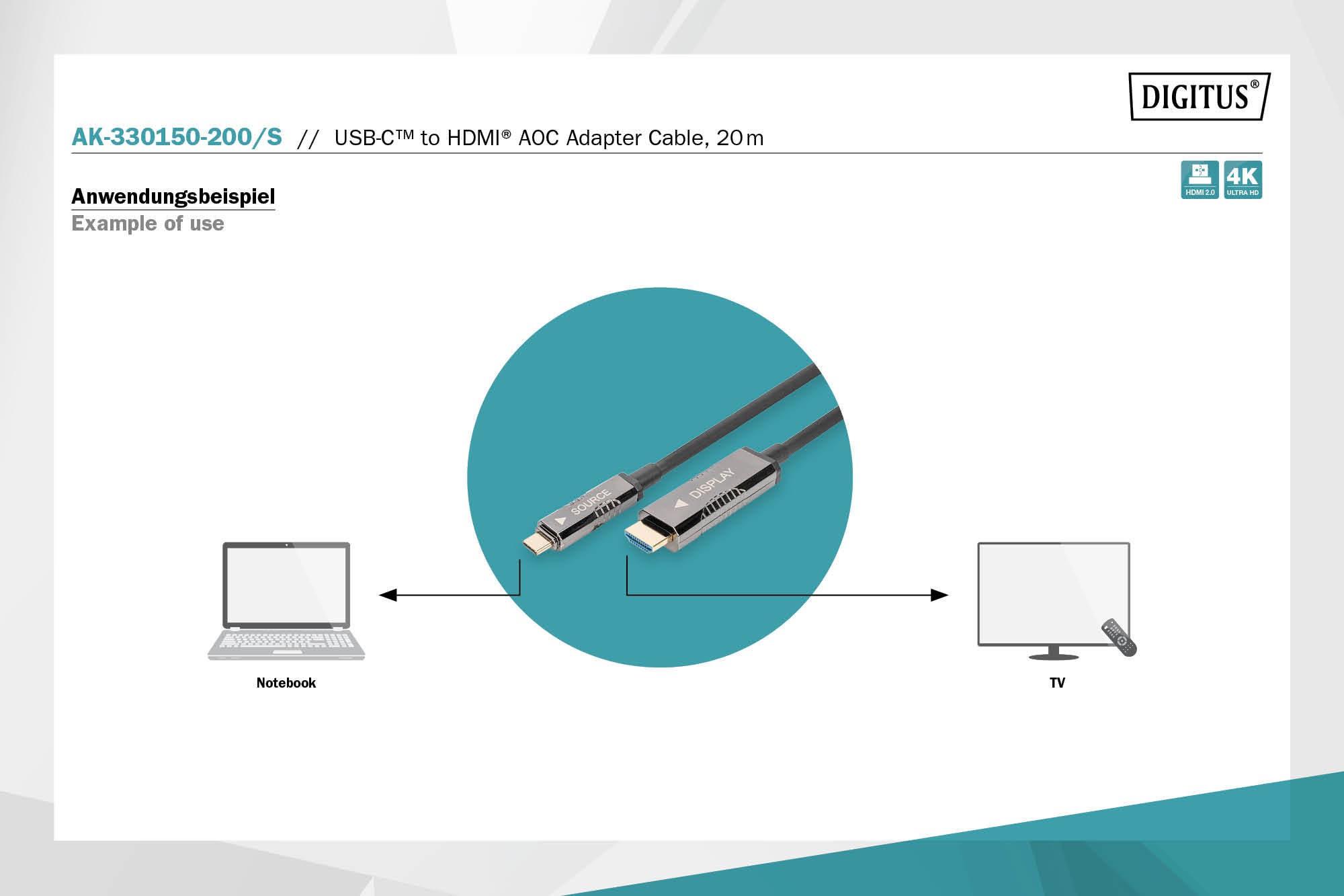 AK-330150-200-S  Cable USB C Macho a HDMI Macho 20.00m 4K/60Hz 18 Gbit/s AOC Digitus
