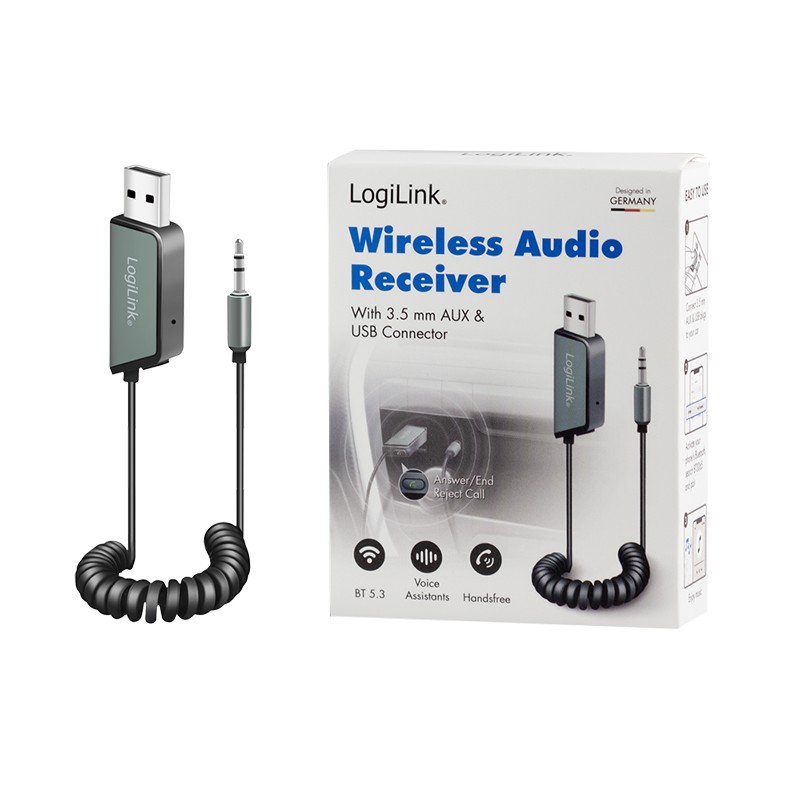 BT0065  Receptor de audio Bluetooth 5.3 para vehículos, 1x USB-A, 1x 3,5 mm Aux, negro Logilink
