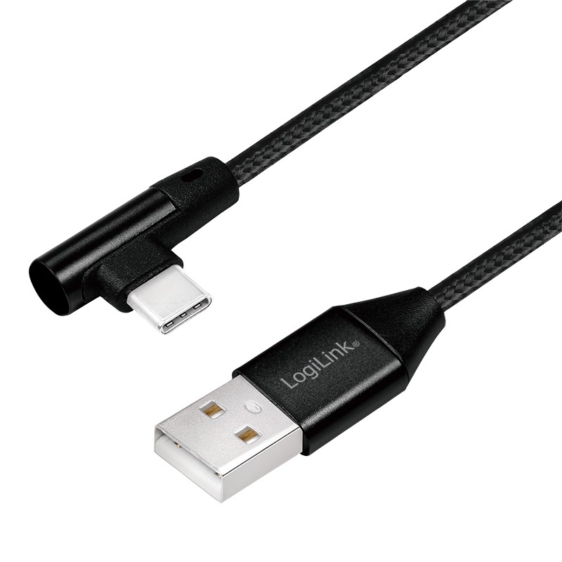 CU0138  Cable de  1,00m USB 2.0 480 Mbps PD15W USB C Macho 90º a USB-A Macho Negro Nylon Logilink