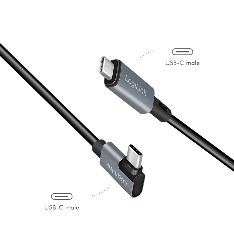 CU0182  Cable de  1,00m USB-PD 2.0 0,48 Gbit/s PD100W USB-C Macho 90º  a USB-C Macho Negro E-mark Carga y datos