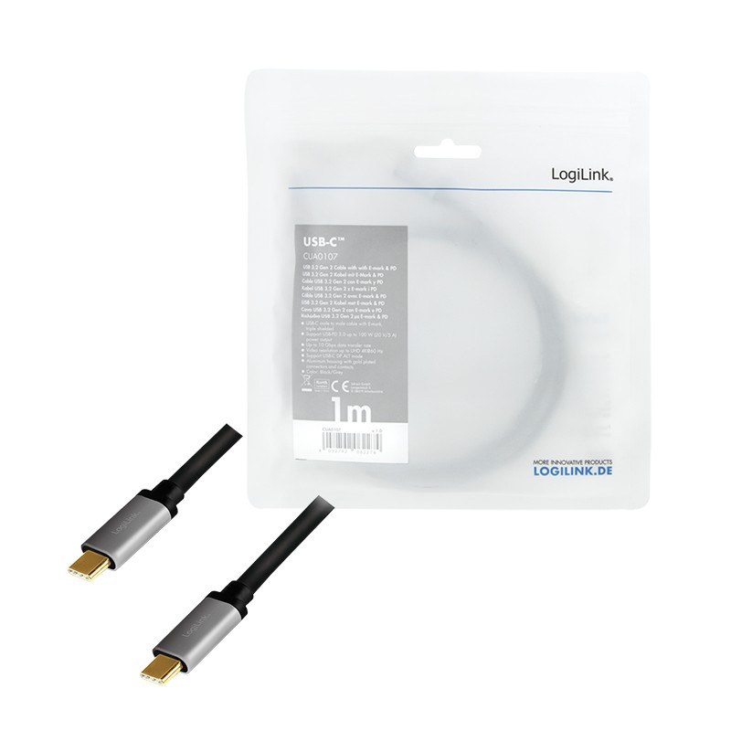 CUA0107  Cable de  1,00m USB-PD 3.2 Gen2 10 Gbit/s PD100W USB-C Macho a USB-C Macho Negro E-mark carga  datos Video  4K/60 Hz (3840x2160)
