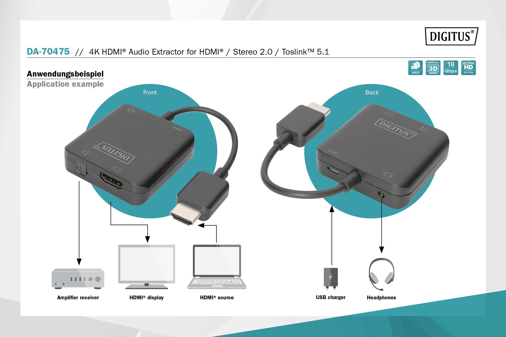 DA-70475  Extractor de audio 4K HDMI para HDMI -estéreo 2.0-Toslink5.1