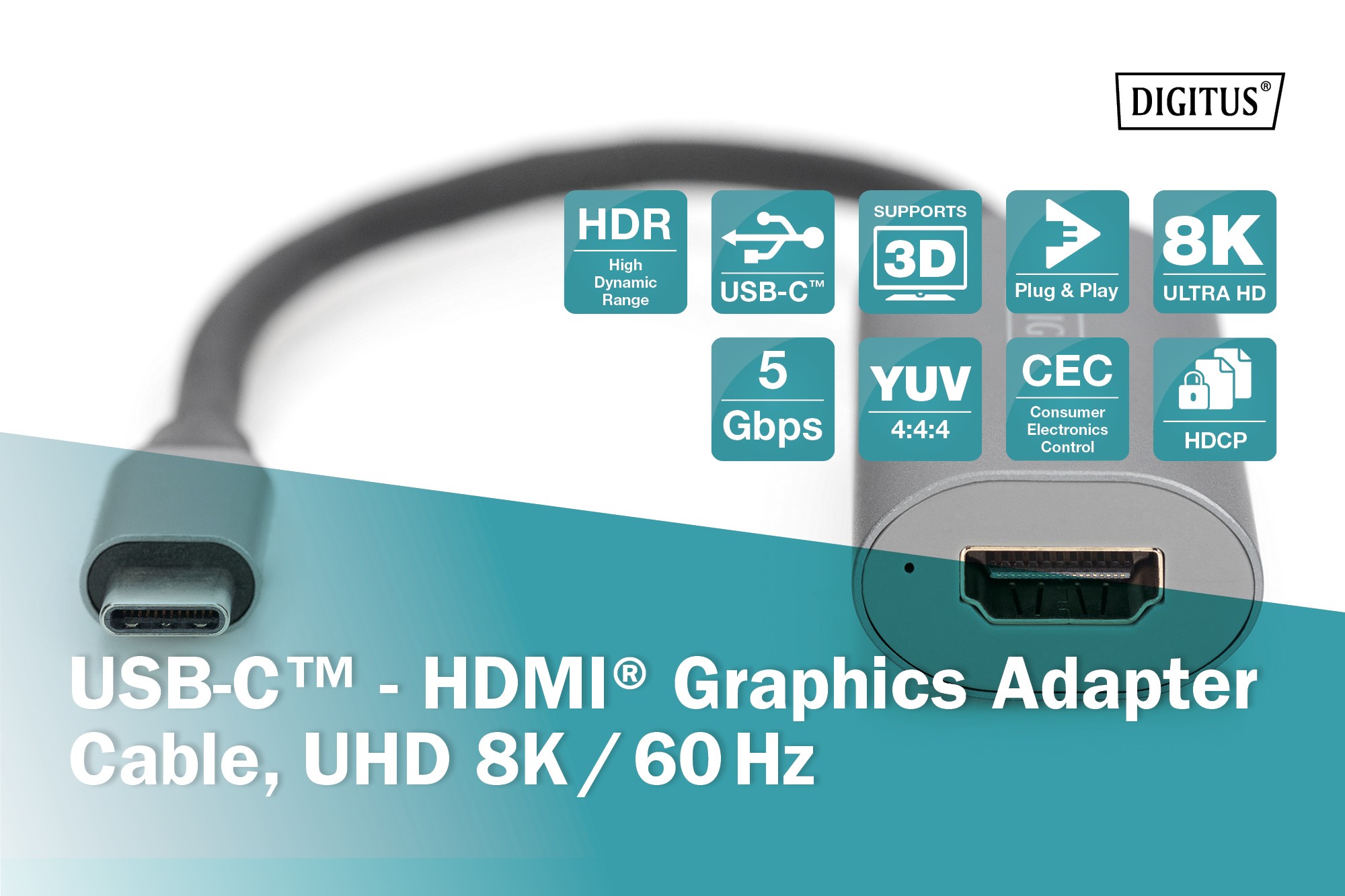 DA-70822  Adaptador USB C Macho a HDMI Hembra   0.20m 8K/60Hz 7680 x 4320p / 60 Hz  Digitus