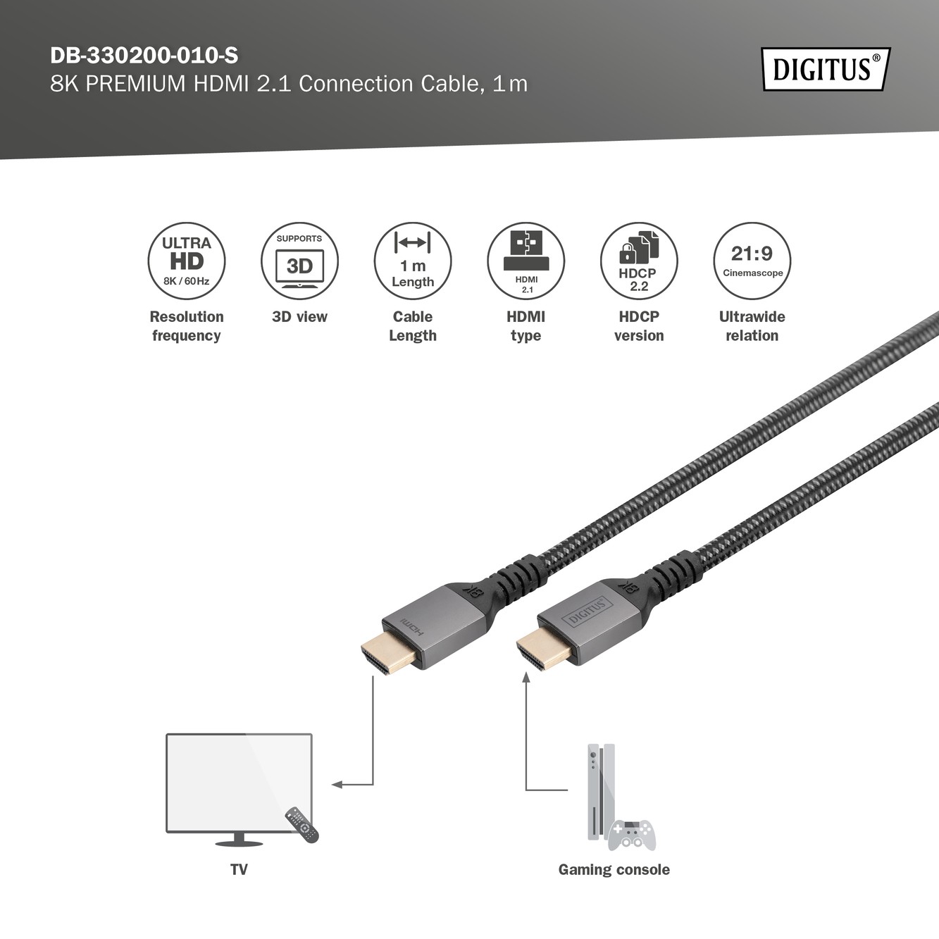 DB-330200-010-S  Cable HDMI A-A  1 metros Negro 8K 60Hz 48Gbit Version 2.1, PREMIUM,  Carcasa de aluminio, dorado, Nylon