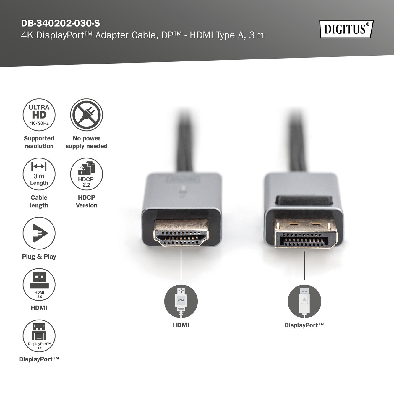 DB-340202-030-S  Cable  3m Negro DisplayPort 1.2 Macho a HDMI 1.4 Macho 4K/30 Hz Carcasa de aluminio, dorado, Nylon Blister Con LE