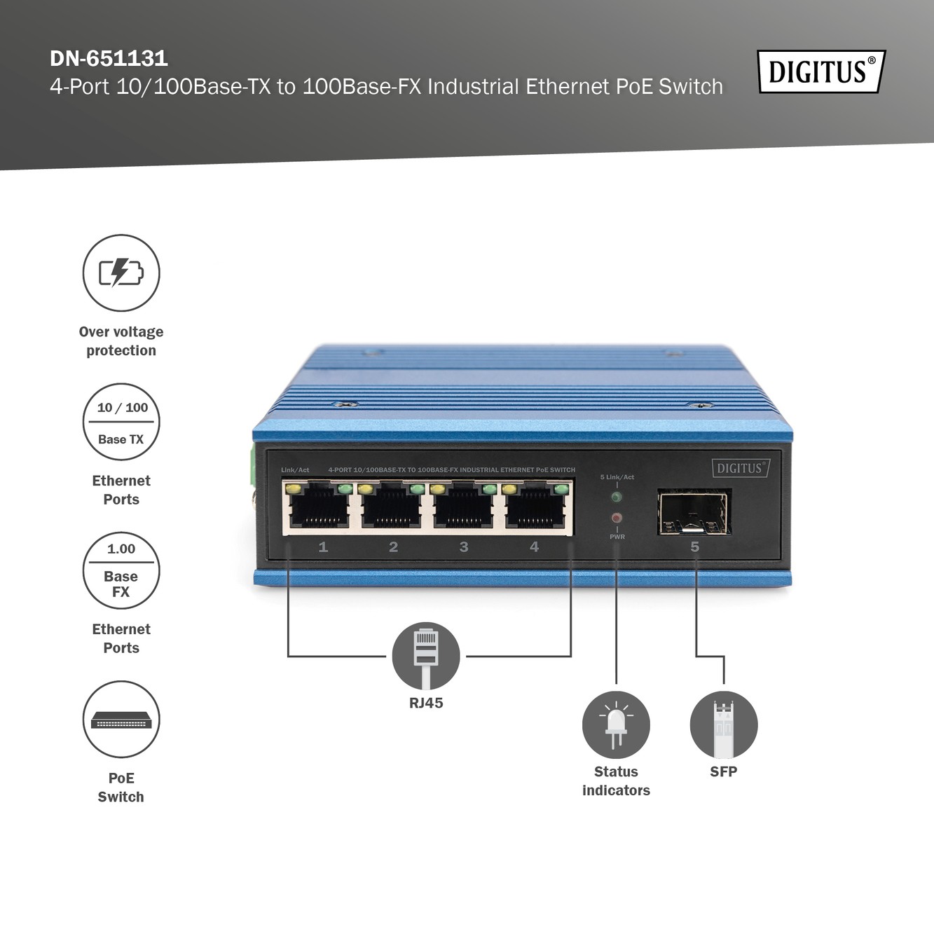 DN-651131  Conmutador industrial Fast Ethernet-PoE de 4+1 puertos Unmanaged, 4 conexiones RJ45 de 10/100 Mbits