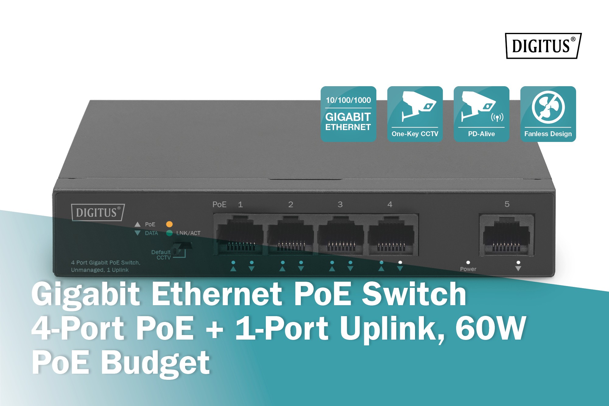 DN-95330-1  Switch  4 Ports Gigabit POE, + 1 Uplink 60W (SOBREMESA)