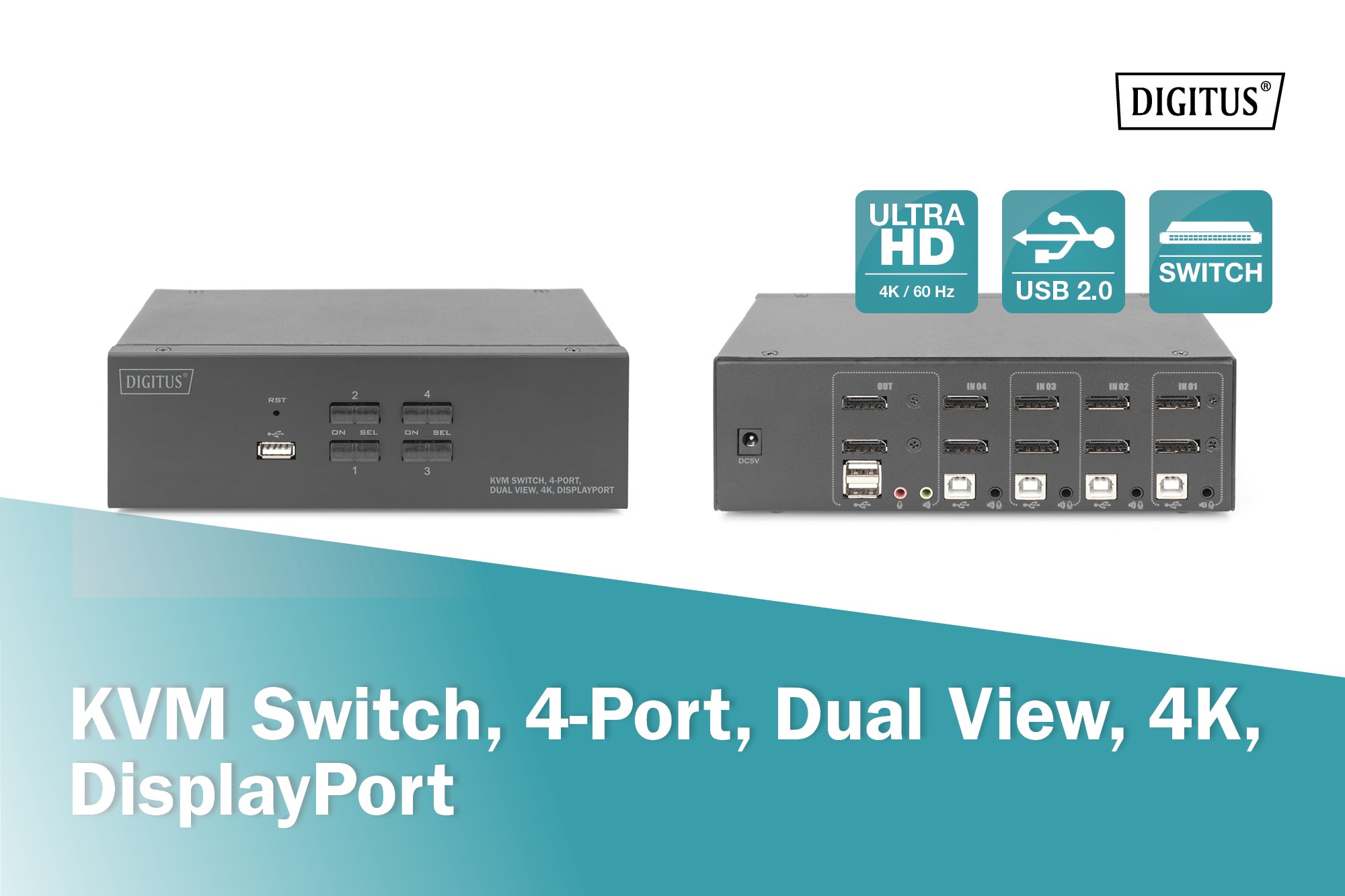 DS-12882  Conmutador KVM  4 puertos DisplayPort Dual View 4k@30Hz DIGITUS