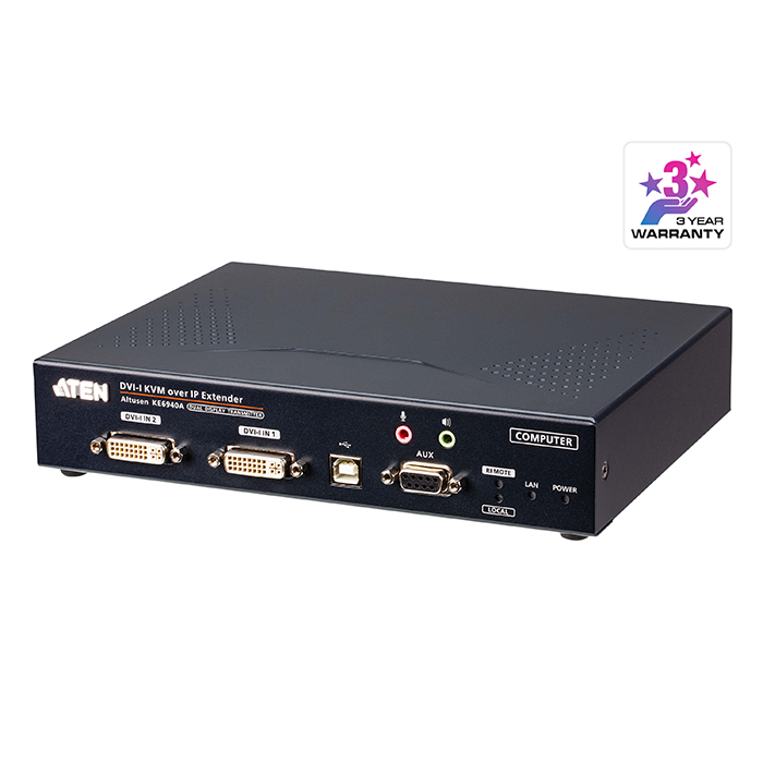 KE6940AT  USB DVI-I Dual Display KVM over IP Transmitter with Local Console, Power/LAN Redundancy (SFP Slot), RS-232 Control and Audio