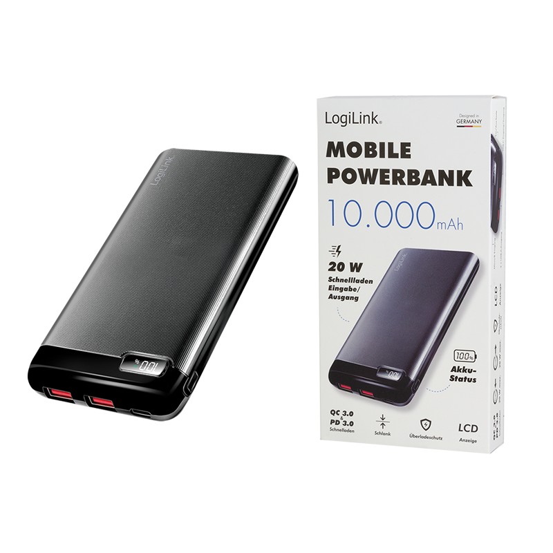 PA0286  Bateria Externa Power Bank 10000, 2x USB-A, 1x USB-C in, PD &QC Negra y display