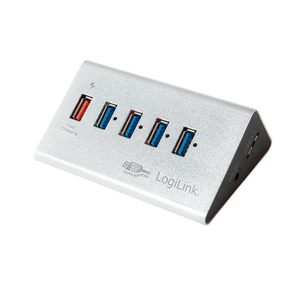 UA0227  Hub USB 3.0 de  4 puertos con alimentador,+ 1 puerto de carga rapida. Aluminio, Logilink