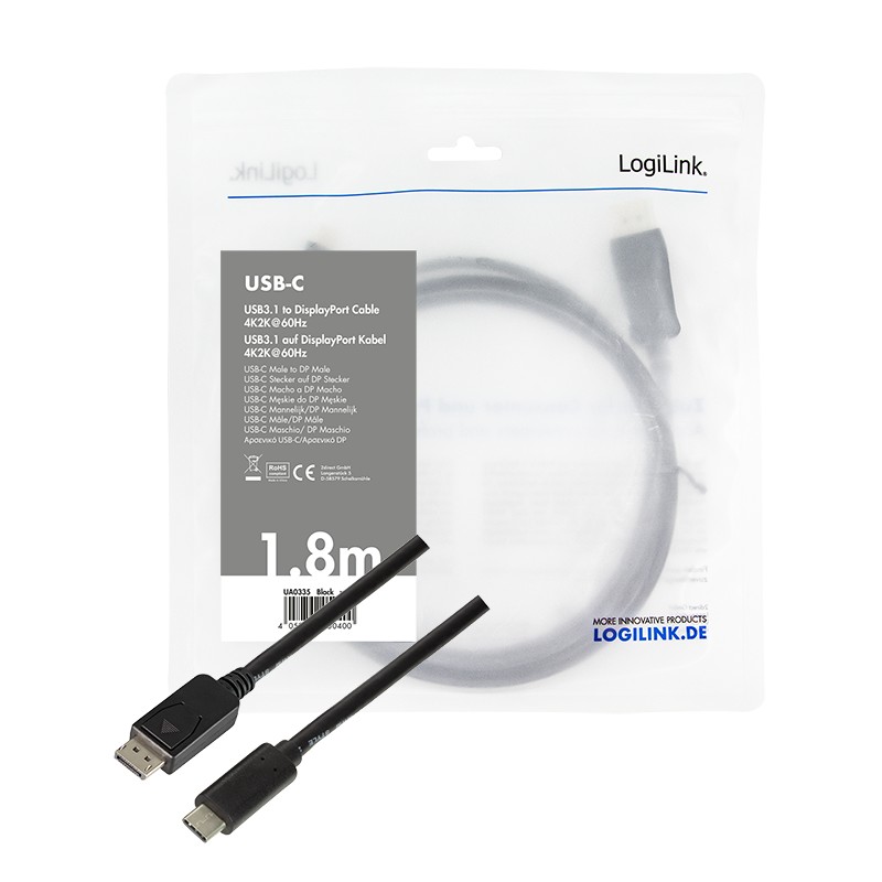 UA0335  Cable Adaptador de 1,80 m, USB Type-C Macho Gen 2 a DP Macho UHD 4K/120 Hz (3840 x 2160) Logilink