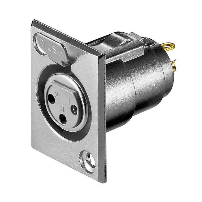 11973  Conector Audio XLR Hembra Microfono 3 pines Plata Panel Con mecanismo de bloqueo y contactos chapados en oro.