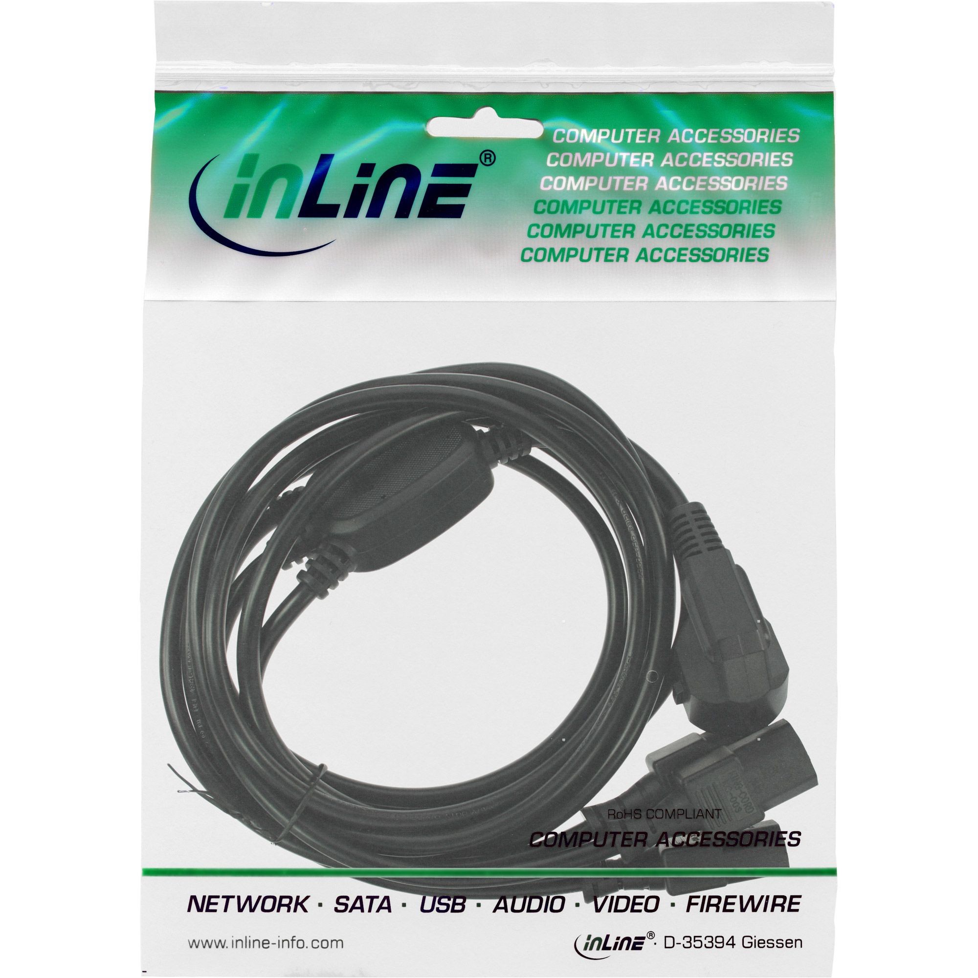 16657H  Cable Alimentacion CEE-7/7 90º SCHUKO a C13x3  3,00m Negro InLine