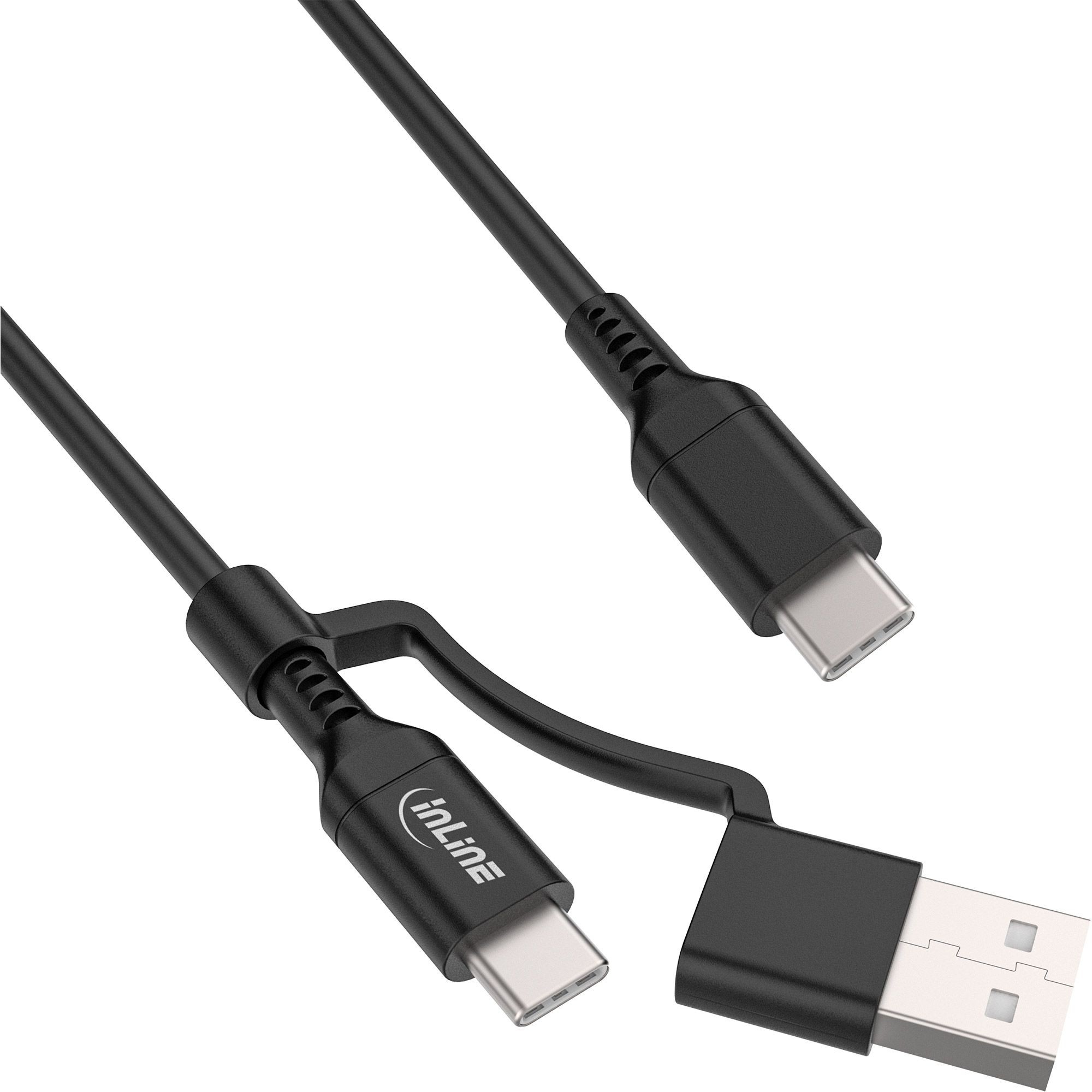 31412A  Cable de carga 2 en 1, USB-C -USB-C + USB-A adapter, USB 2.0, 100W, TPE, Negro, 1m InLine
