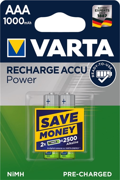 43470  Bateria Recargable AAA LR03 1000 mA 1,2V 2 x Blister VARTA (5703)  Ready to Use