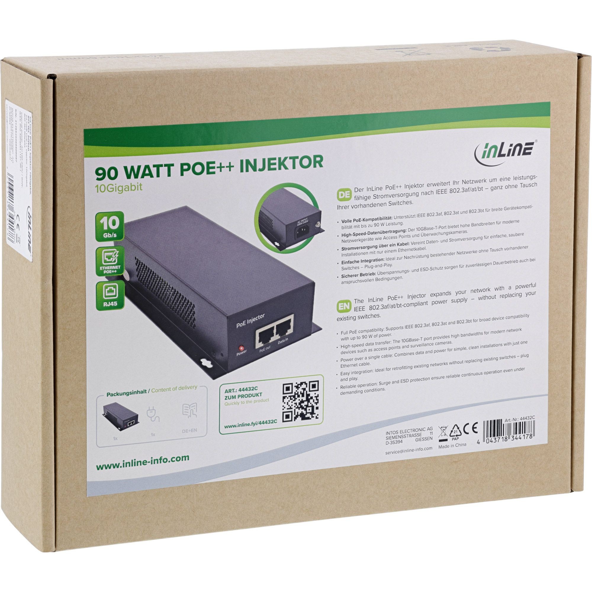 44432C  Inyector PoE++ 802.3 90W POE++ 10Gb/s DC 44-57 V