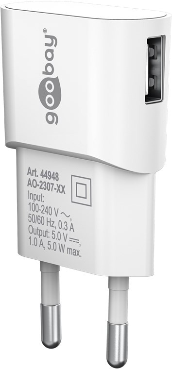 44948  Cargador   5W USB 1 puert.  USB-A Blanco Salida Lateral Goobay