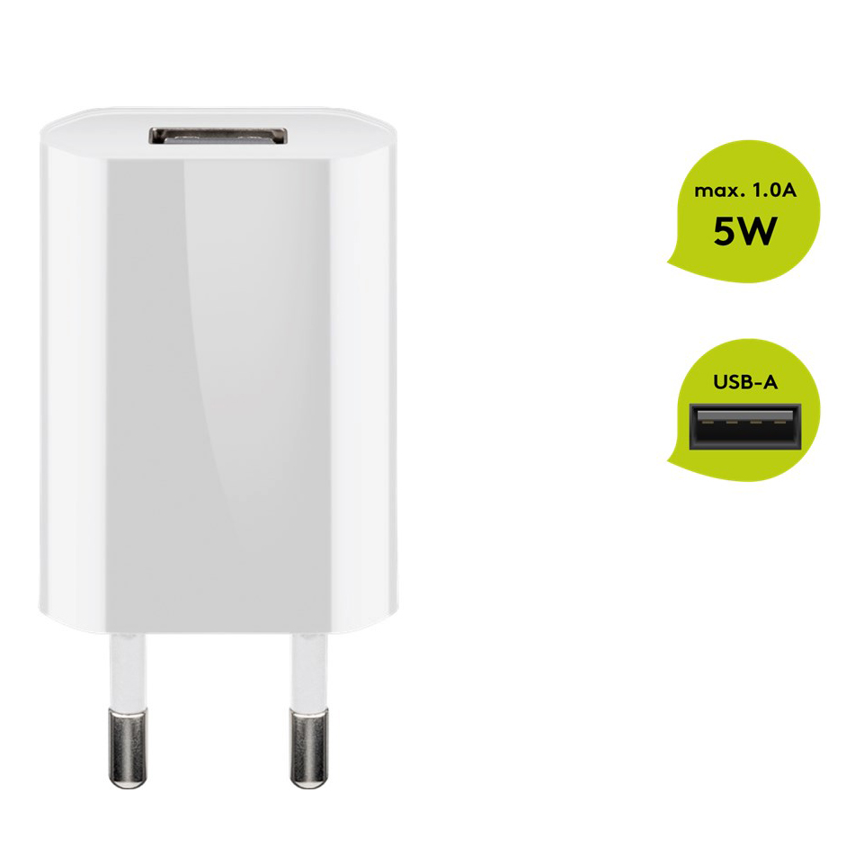 44950  Cargador   5W USB 1 puert.  USB-A Blanco Salida Recta Goobay