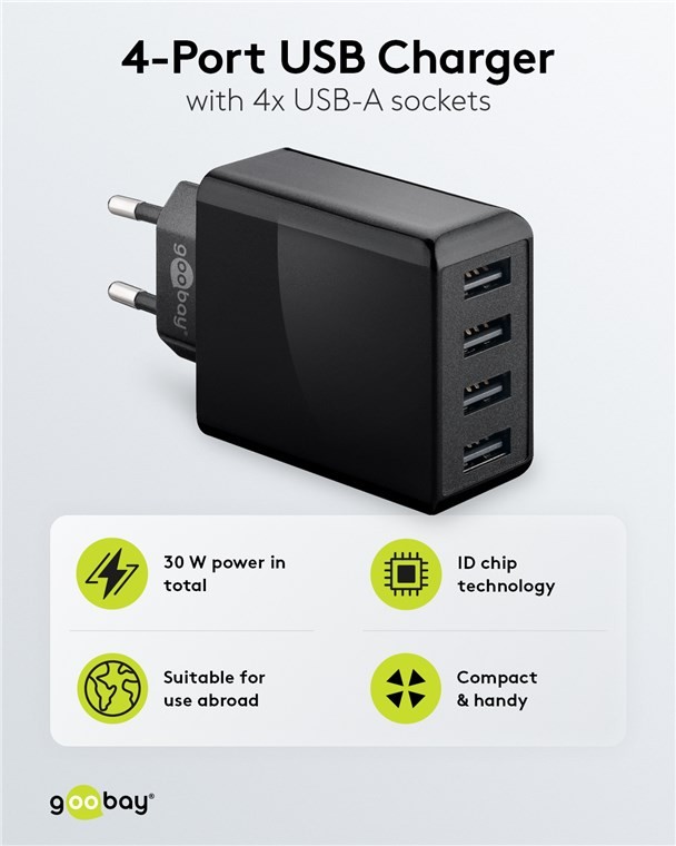 44953  Cargador  30W USB 4 puert. USB-A Negro IQ Salida Lateral Goobay