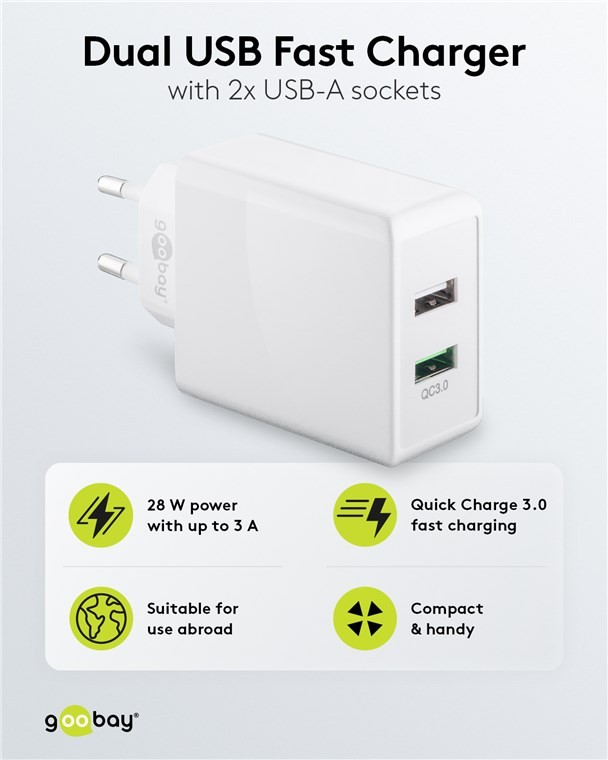 44957  Cargador  28W USB 2 puert.  USB-A Blanco PD QC3.0 Salida Lateral Goobay