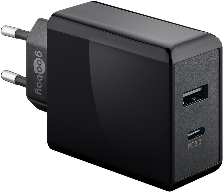 44960  Cargador  28W USB 2 puert. USB-C X 1, USB-A X 1 FQ Negro Salida Lateral Goobay **Ultimas Unidades**