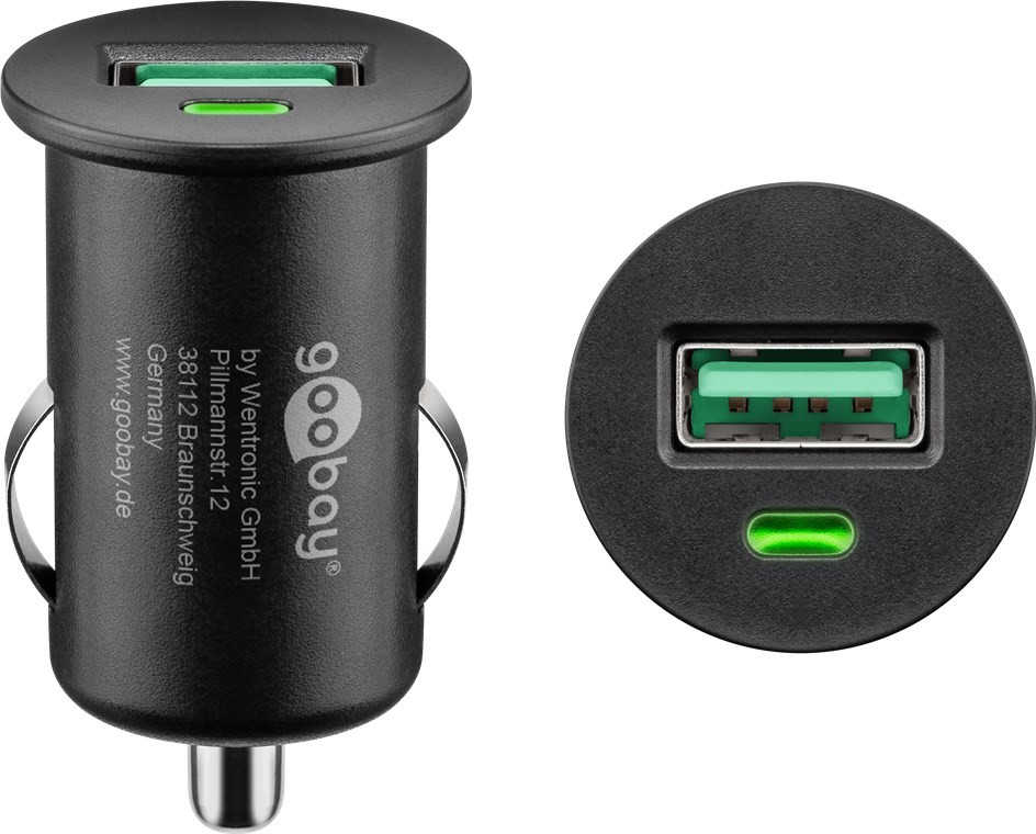 45162  Cargador 1 puerto USB, 18W USB-A QC3.0 Toma Mechero Negro Bolsa de Colgar Goobay