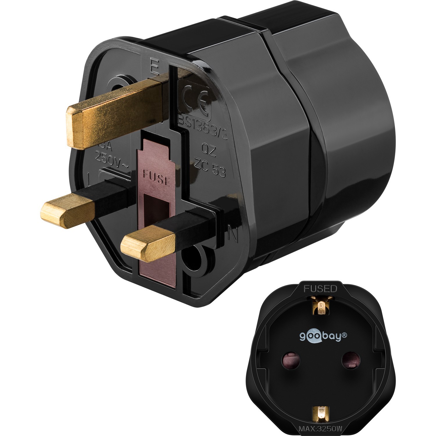 45352  Adaptador de viaje de Europa a Reino Unido, negro
 Para conectar dispositivos de Europa (tipo F) a enchufes del Reino Unido