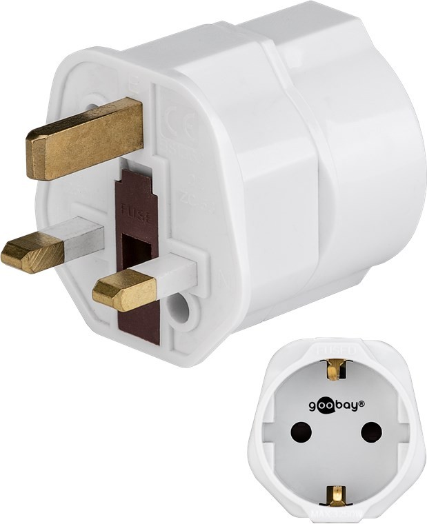 45353  Adaptador de viaje UK UK (Type G)  Macho Europa Shucko Hembra  Europe (Type F) Blanco