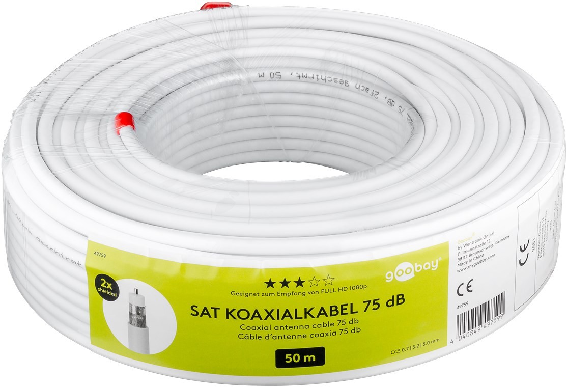 49759  Cable coaxial de satélite (75 dB, Doble apantallamiento, CCS, 50 m), Color Blanco