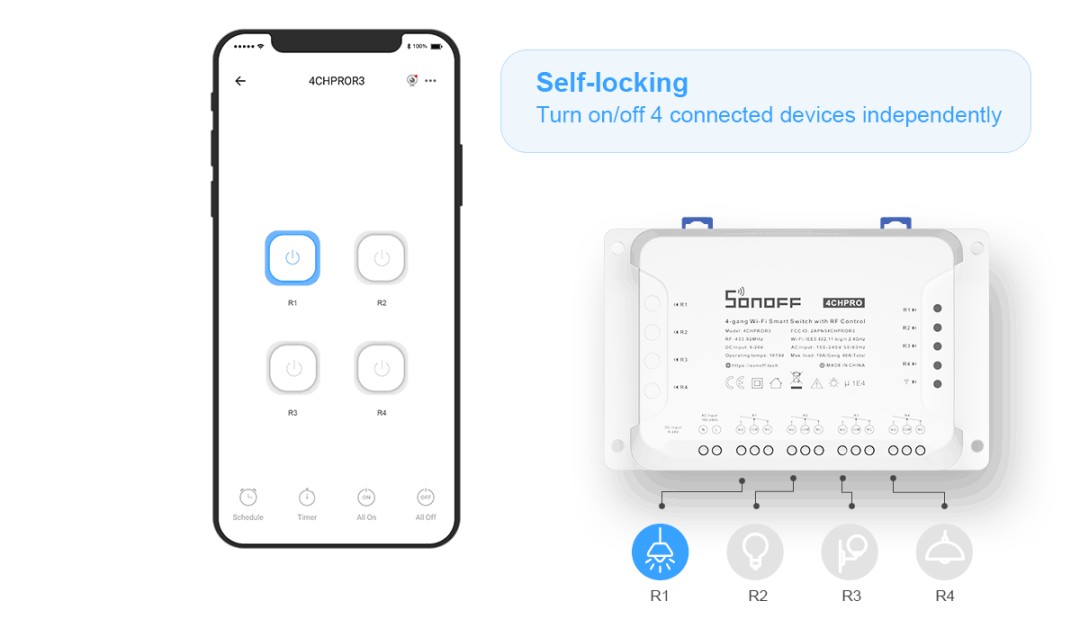 4CHPROR3  SONOFF 4CH Pro R3 Interruptor inteligente Wi-Fi de 4 canales, 3500 W, para persianas y garajes,
