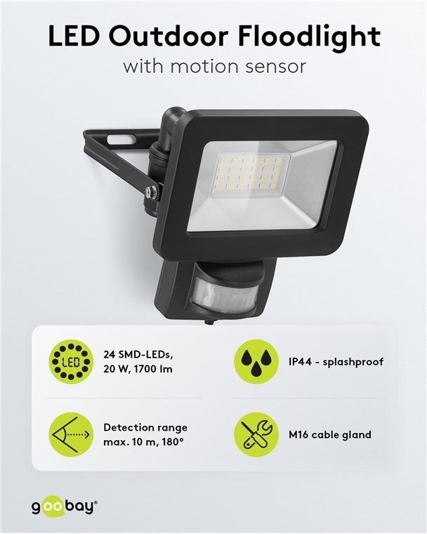53879  Proyector de exterior LED, 20W con sensor de movimiento 1700 lm, luz blanca neutra (4000 K), sensor PIR con función ON/OFF