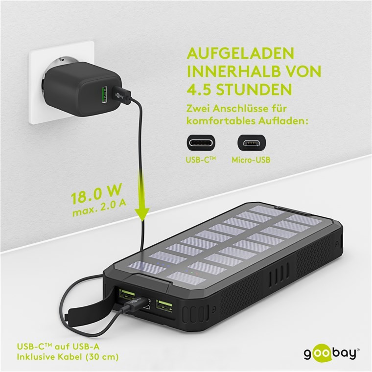 53934  Bateria Externa Power Bank 20000  Solar USB C PD,QC 3.0  2 x USB-A 1x USB-C Goobay