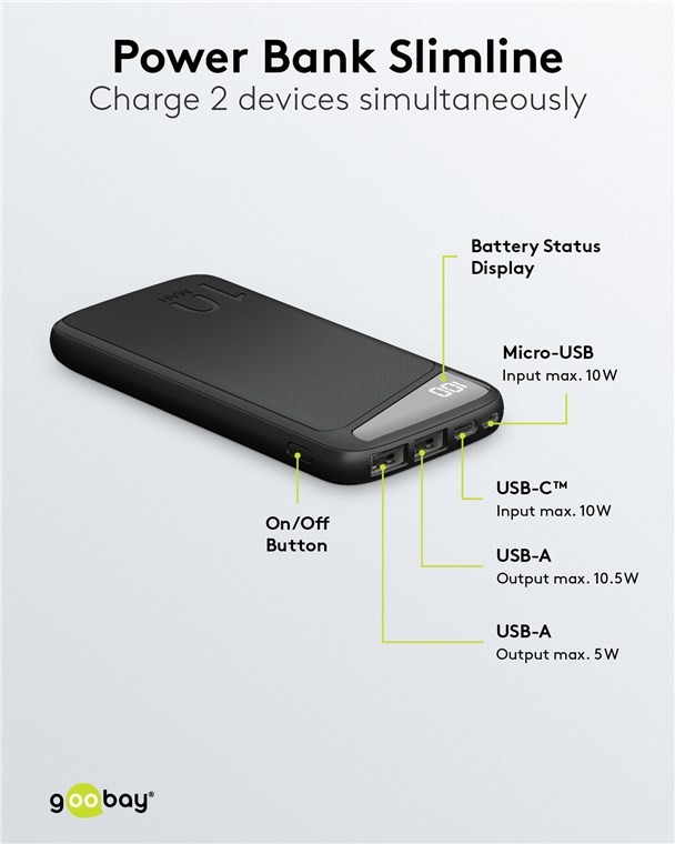 53935  Bateria Externa Power Bank 10000, 2x USB-A, Micro-B in, USB-C in, Slim Negra Goobay