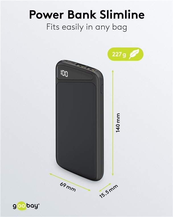 53935  Bateria Externa Power Bank 10000, 2x USB-A, Micro-B in, USB-C in, Slim Negra Goobay