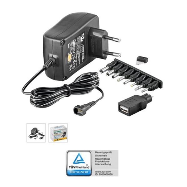 53997  Alimentador Universal 3-12V  18W 1,5A 8 Conectores DC + USB