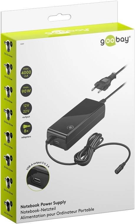 55001  Cargador Universal Portatil 90W 8 puntas  Goobay 1x USB-A socket, 12 V - 22 V up to max. 4 A