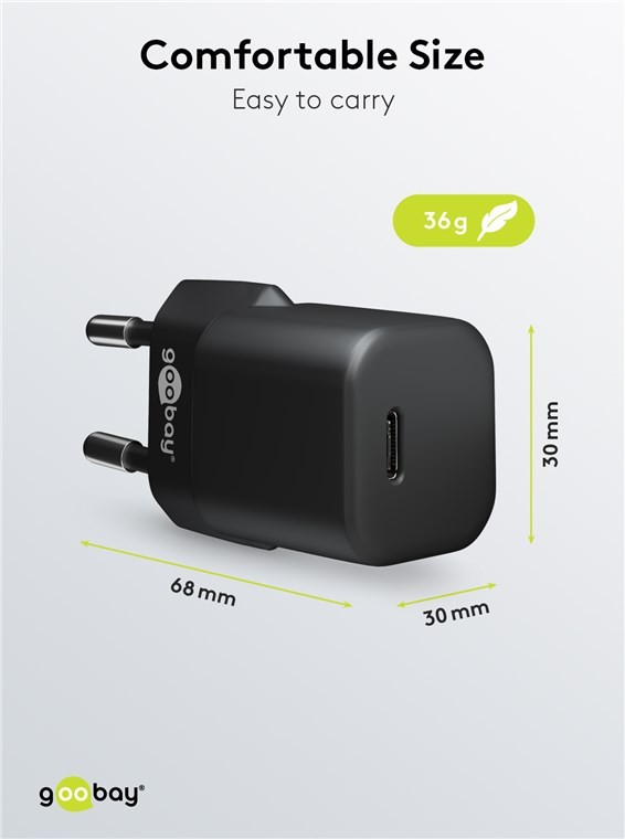 59715  Cargador  30W USB 1 puert. USB-C Negro GAN PD Salida Lateral Tamaño Nano Goobay