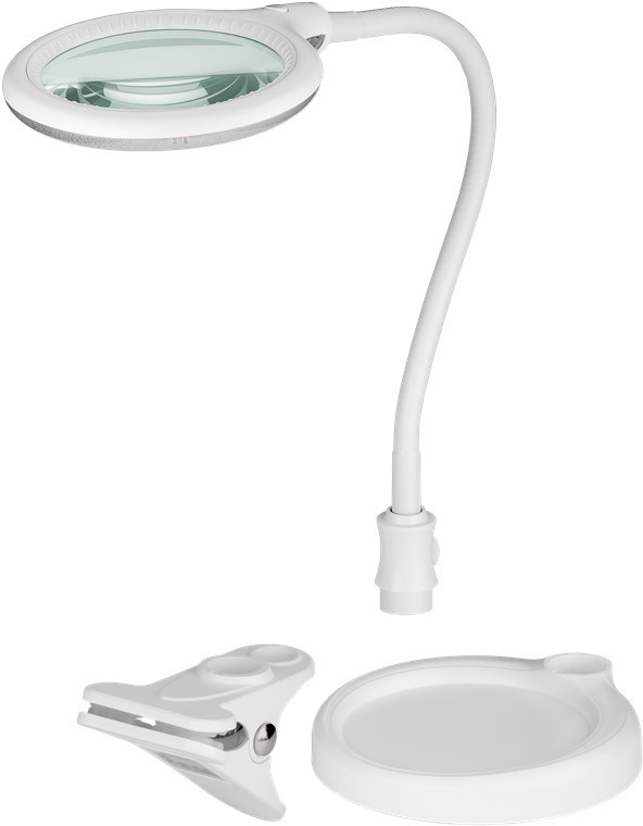 60359  Lámpara de aumento LED con base y abrazadera  6W
 480lm, lente de vidrio de 100 mm, aumento de 1,75x, 3 dioptrías