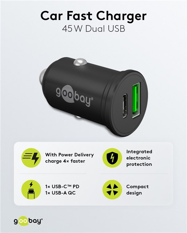 61739  Cargador 2 puertos 1 USB-C PD, 1x USB-A QC, 45 W negro Bolsa Colgar Goobay