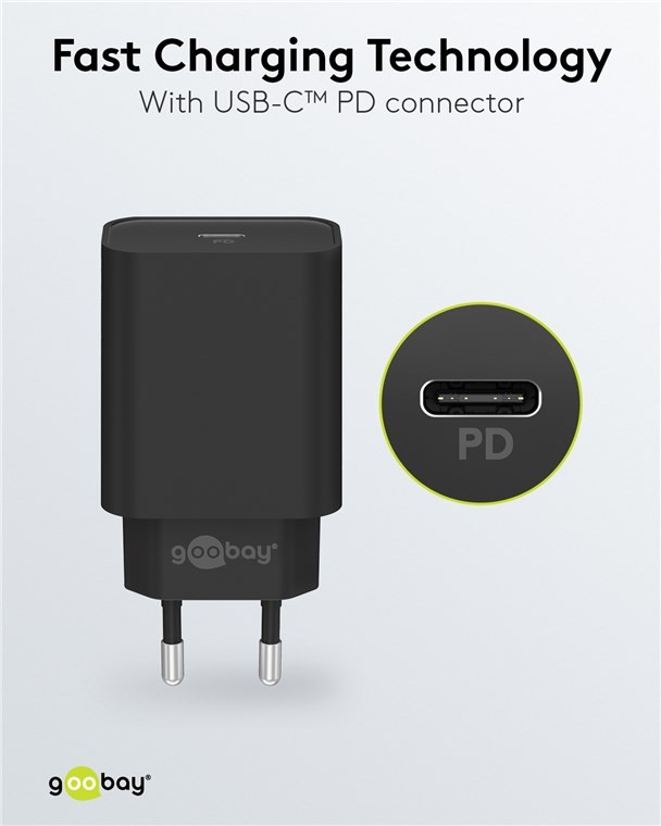 61742  Cargador  45W USB 1 puert. USB-C Negro PD Salida Lateral Goobay