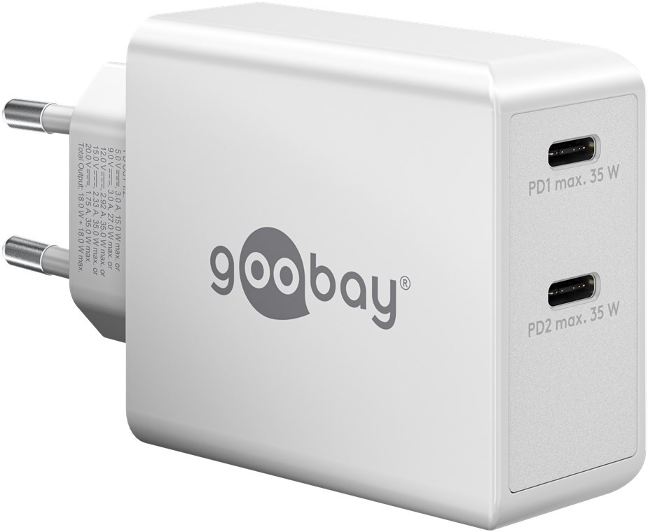 61758  Cargador  36W USB 2 puert. USB-C Blanco PD Salida Lateral  Goobay