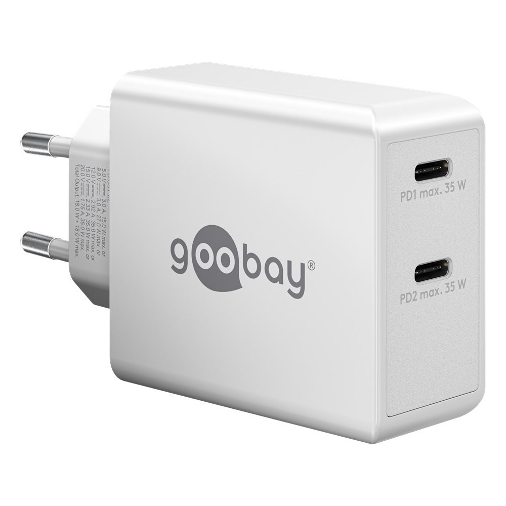 61758  Cargador  36W USB 2 puert. USB-C Blanco PD Salida Lateral  Goobay