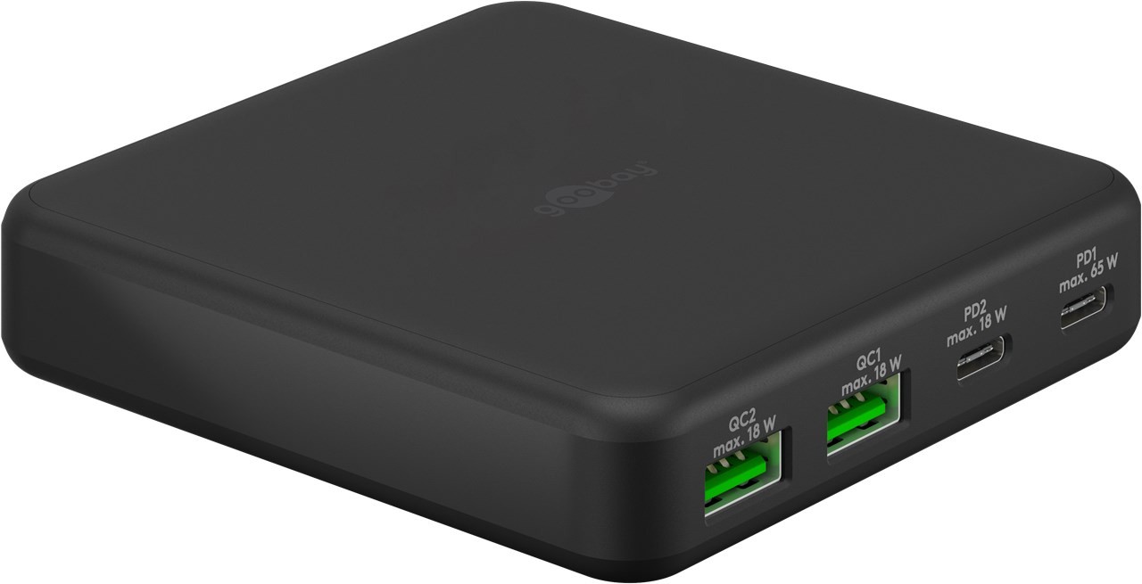 61772  Cargador  65W USB 4 puert. 2 USB-C, 2 USB-A, PD QC3.0 GAN , NEGRO,SOBREMESA Goobay