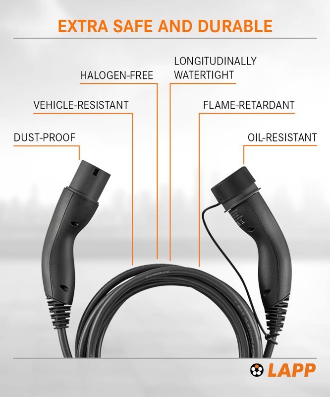 61780  Cable VE carga, Tipo 2 Mennekes 32A Monofasico 7,4kW  5 metros Liso Negro Lapp Mobility