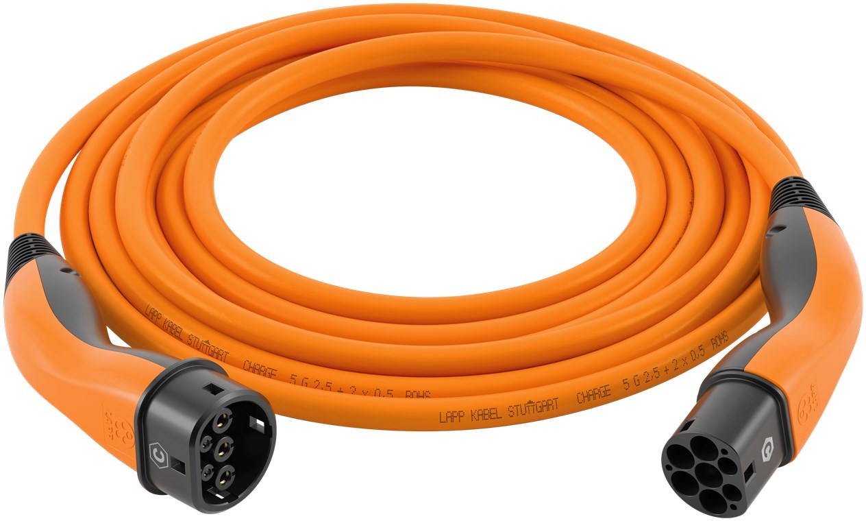 61786  Cable VE carga, Tipo 2 Mennekes 32A Monofasico 7,4kW  5 metros Liso Naranja Lapp Mobility