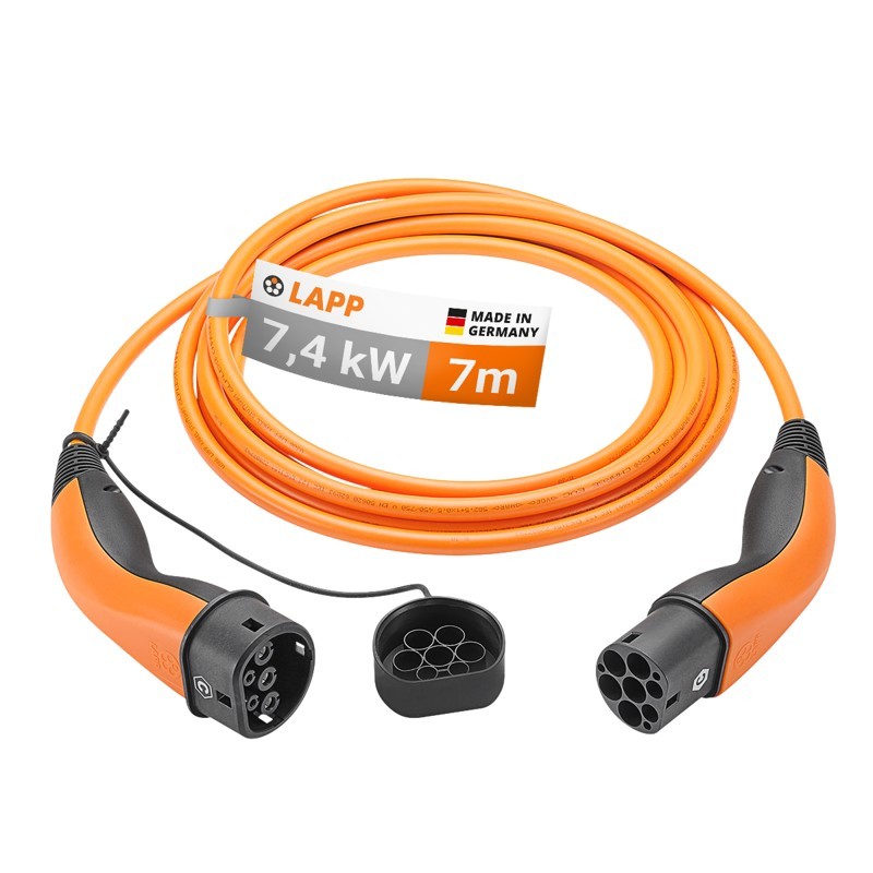 61791  Cable VE carga, Tipo 2 Mennekes 32A Monofasico 7,4kW  7,5 metros Liso Naranja Lapp Mobility