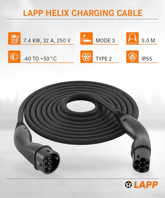 61794  Cable VE carga, Tipo 2 Mennekes 32A Monofasico 7,4kW  5 metros Liso Negro HELIX&reg; Lapp Mobility
